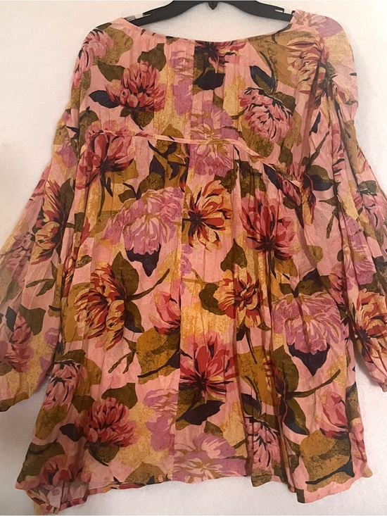 Terra & Sky Tops - Terra & Sky Pink Floral Boho Tunic with Olive Green Accents 2X